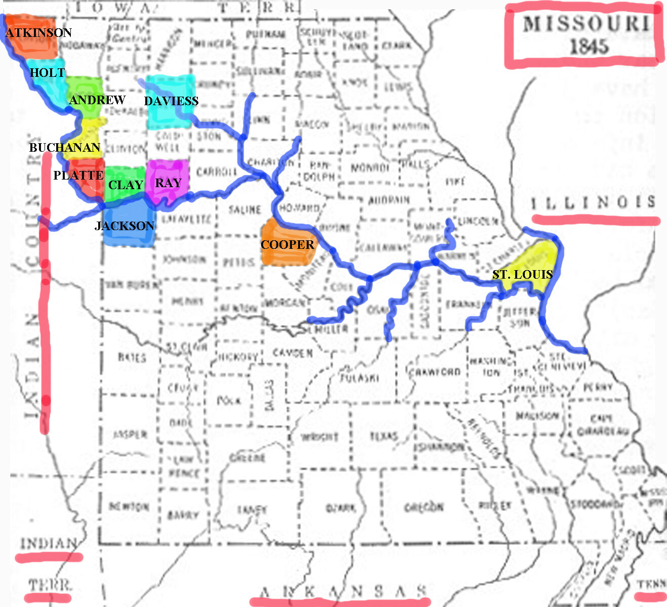 Map of northwest Missouri counties, 1845