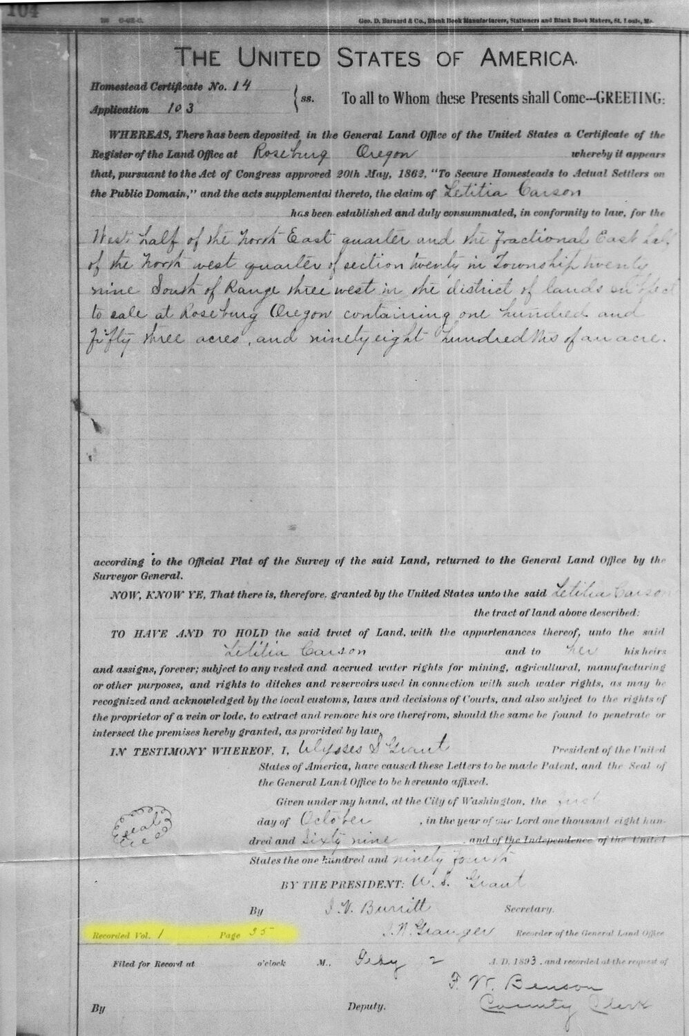 1869 federal land patent granting Letitia Carson 153 acres