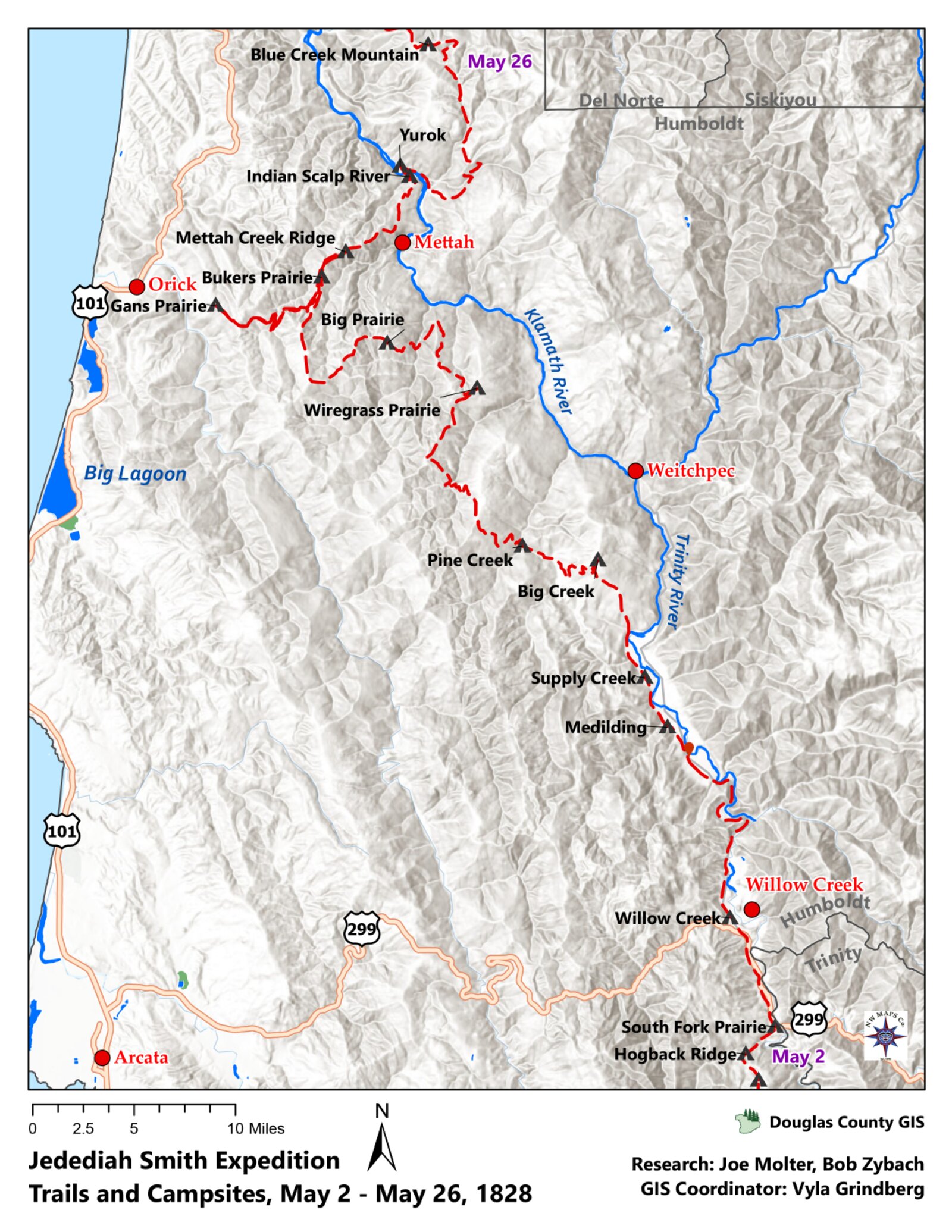 Smith route map, May 2-26, 1828, interior California