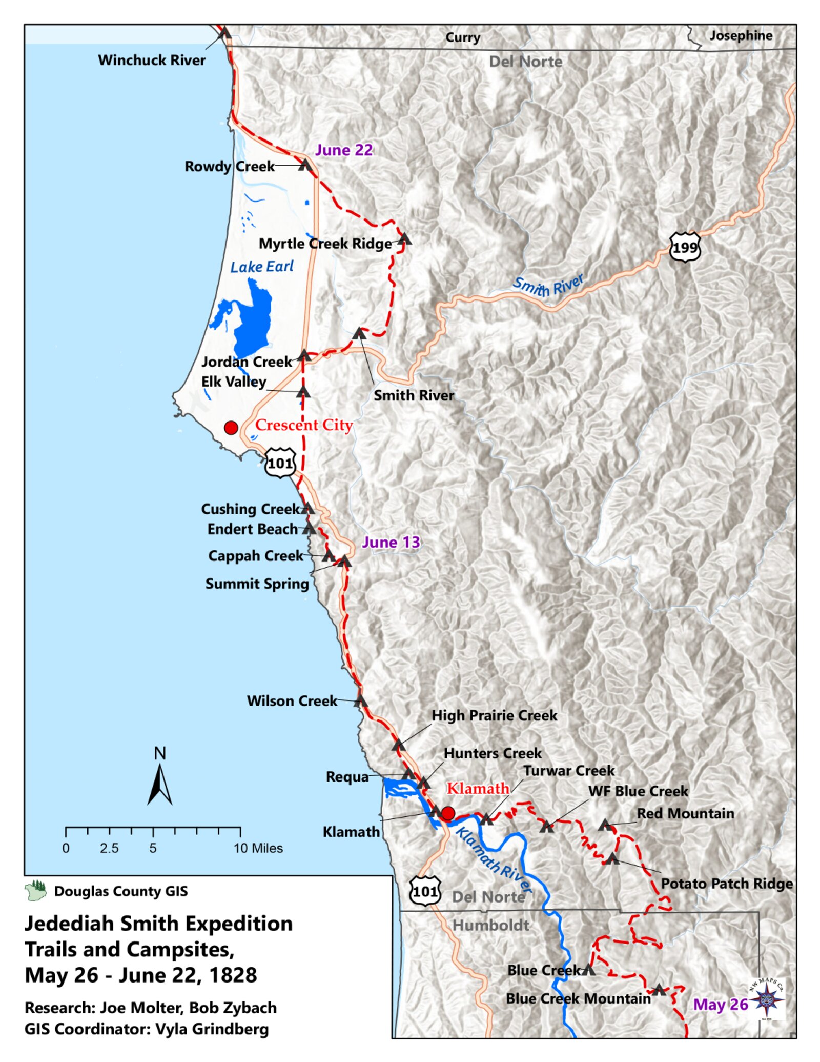 Smith route map, May 26-June 22, 1828, to the northwest California coast