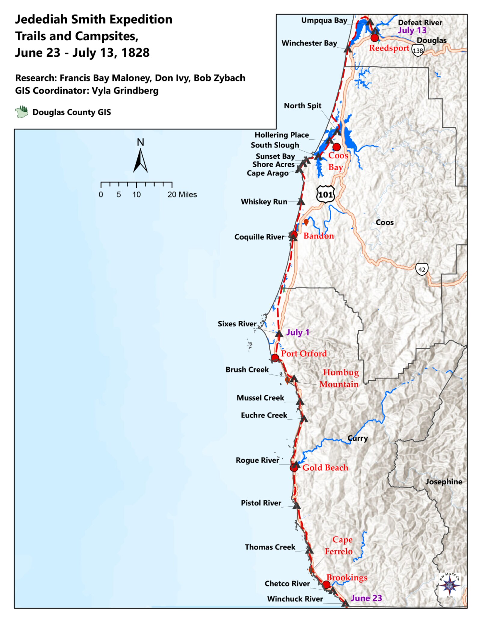 Smith route map, June 23-July 13, 1828, up the Oregon coast toward the Umpqua